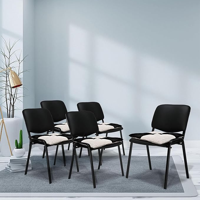 Office Stacking Chair Cushion with Ties, Corduroy High Density Foam Non-Slip Kitchen Seat Cushion, Square 17" x 17" Indoor Dining Chair Pads, Black+ White, 1 PCS