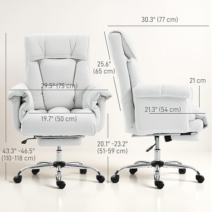 HOMCOM Executive Office Chair Comfy with Foot Rest, Reclining Swivel Computer Desk Chair with High Folding Back, Thick Cushion, Padded Armrest, Adjustable Height, Rolling Wheels, Cream White