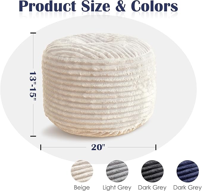 Round Ottoman,Corduroy Pouf Ottoman Foot Rest,Storage Footstool for Living Room,20x15 Soft Floor Poufs,Memory Foam Filling - Beige, 20x15 in