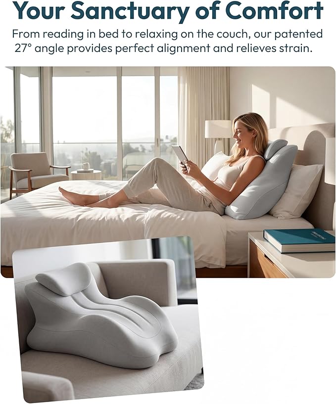 27°Ergonomic Contour Pillow-Memory Foam Back Support for Reading,Bed Rest&Post Surgery Recovery,Lumbar & Neck Pain Relief Cushion