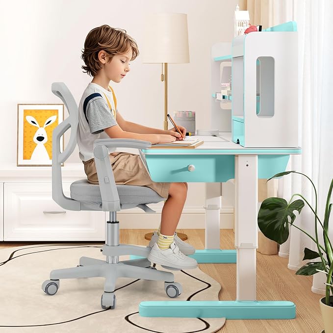 Giantex Kids Desk Chair, Ergonomic Adjustable Student Rolling Chair with Footrest & Flip-up Armrest, Mesh Children Office Chair with Universal Wheels, Kids Computer Chair for Boys & Girls, Grey