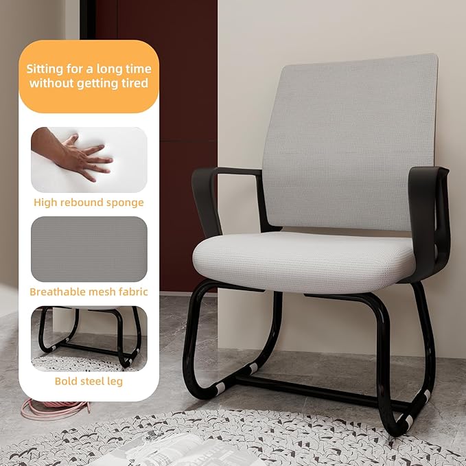 Modern Mesh Office Chair, Ergonomic Desk Chair with Armrests, Breathable Computer Task Seat for Home Work, Sled Base Guest Furniture, Comfortable Lumbar Support, Metal Frame, Black+ Gray