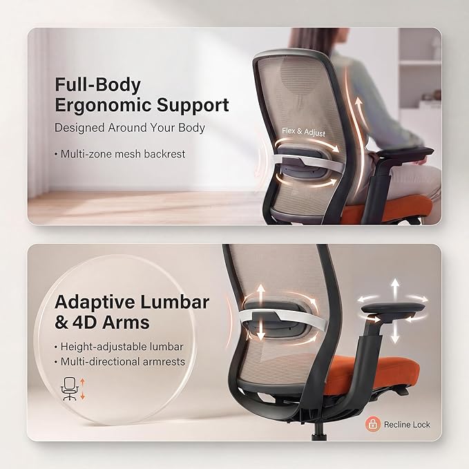 COLAMY Aether Executive Office Chair for Long Hours, One-Touch Easy Adjust Managerial Desk Chair with Levitating Seat Cushion & Pilot-Level Sync Armrests, 300 LBS Mid Back Mesh Computer Chair,Orange
