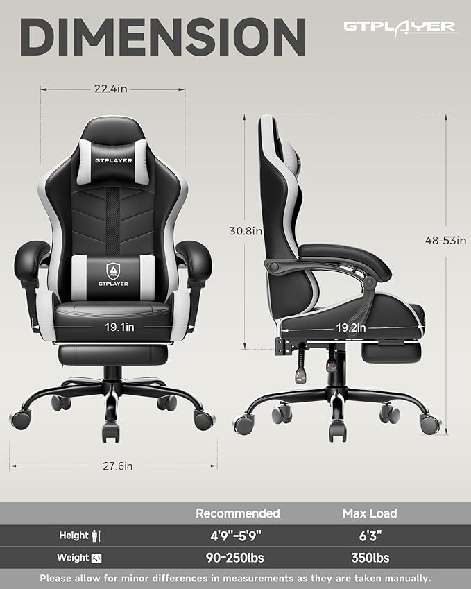 GTPLAYER Gaming Chair for Adults, Ergonomic Computer Gaming Chair with Footrest, Height Adjustable, 90-155° Recline & Removable Headrest Lumbar Support, Pearl White