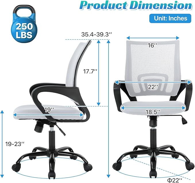 Ergonomic Office Chair Mesh Mid Back with Lumbar Support Armrest, Adjustable Home Desk Chair Comfy Computer Task Drafting Rolling Swivel Chairs for Gaming, Home Work, Study, White