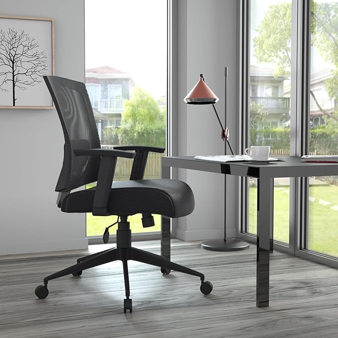 Ergonomic Black Mesh Back Task Chair Breathable Supportive Design Swivel Adjustable Height Rolling Casters Lumbar Comfort Contoured Seat Stylish Modern Office Furniture Durable Structure