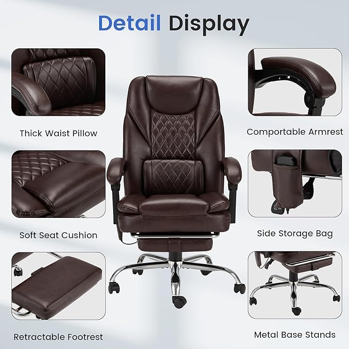 HOMREST 6-Point Massage Office Chair,Heated Executive Ergonomic Home Office Desk Chair with Foot Rest Retractable Height Adjustable Armrest & Lumbar Support PU Leather Brown