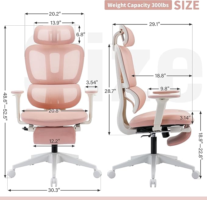 Ergonomic Office Chair with Footrest, 90-135° Reclining High Back Desk Chair with Lumbar Support, 2D Headrest, 2D Armrests, Computer Chair for Long Hours, Pink