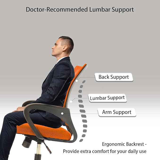 Orthopedic Office Chair - Supportive Backrest with Adjustable Seat Height & Tilt (Doctor Recommended Design), PVC Base, Orange