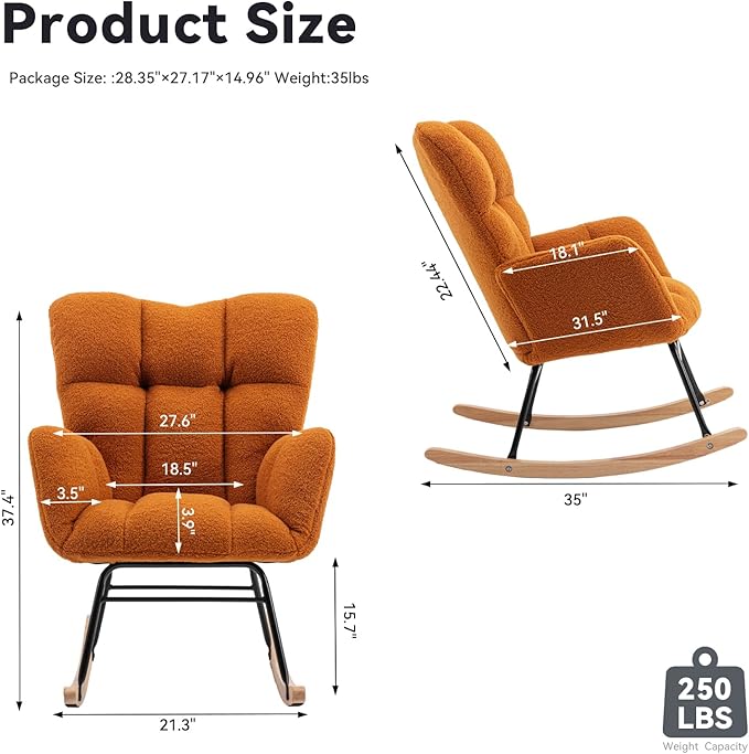 FOXHUNTER Rocking Chair Nursery Teddy Upholstered Glider Rocker High Backrest Nursery Rocker Comfortable Stylish Accent Armchair for Living Rooms Bedrooms Offices (Teddy Caramel)