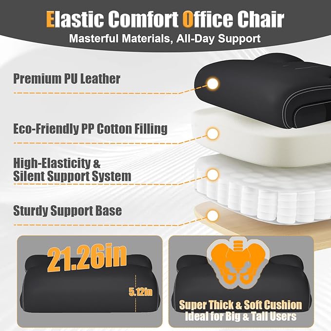Ergonomic Leather Office Chair with Adjustable Lumbar Support, Flip-Up Armrests Desk Computer Chair, Swivel PC Chair with Rocking Function