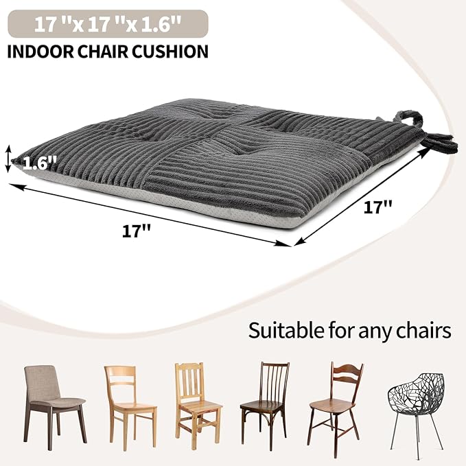 Office Stacking Chair Cushions 4 Pack, Corduroy High Density Foam Kitchen Seat Cushions with Ties, Square 17" x 17" Indoor Non-Slip Dining Chair Pads, Grey，4pcs