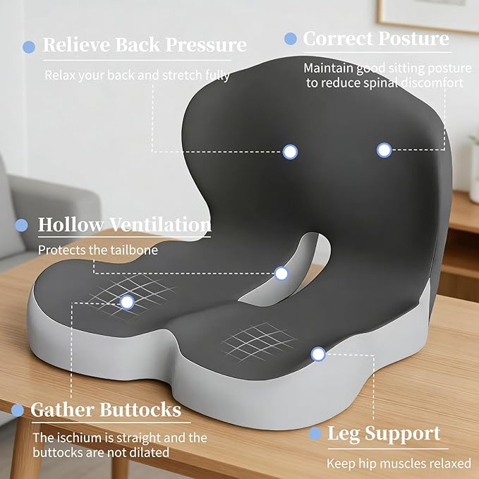 Orthopedic Cushion, L-Shaped Ergonomic Design Seat Cushion, Non Slip Memory Foam Car Cushion with Back Support for Tailbone & Hips Pain Relief, Suitable for Office, Car, Home, Long Sitting