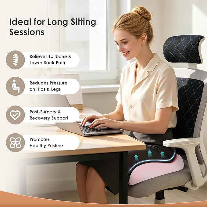 FLORICH Upgrade Large Car Seat Cushion for Long Sitting, Ergonomic Memory Foam Driving Seat Cushion for Back & Sciatica Pain Relief, Non-Slip Washable Seat Cushion for Car, Driver, Office-Pink