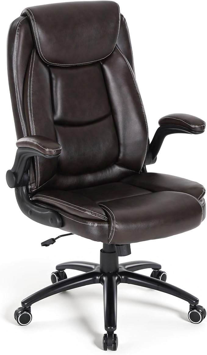 MALOL 300LBS PU Leather High-Back Executive Office Chairs, Heavy Duty Home Ergonomic Computer Chair Flip-Up Armrests & Reclining Backrest, Brown