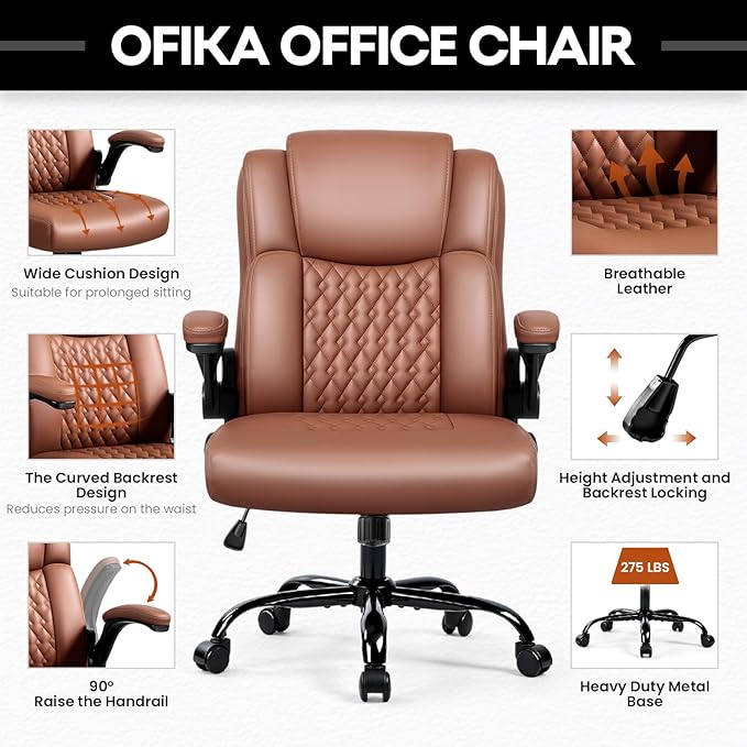 OFIKA Leather Office Desk Chair,Ergonomic Office Chair with Lumbar Support,Computer Chair,Executive Leather Chair with Padded Flip-up Arm,Adjustable Armrests, Brown,275LBS