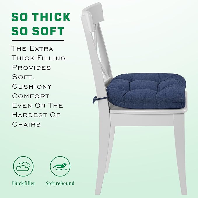 SQUARE MOON Chair Cushions for Dining Chairs, 3 Inch Thick Comfortable Kitchen Chair Pads, Dining Room Seat Cushions with Ties, Machine Washable, 17" x 16" x 3", 4/Pack, Navy