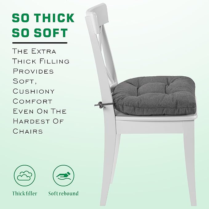 SQUARE MOON Chair Cushions for Dining Chairs, 3 Inch Thick Comfortable Kitchen Chair Pads, Dining Room Seat Cushions with Ties, Machine Washable, 17" x 16" x 3", 4/Pack, Grey