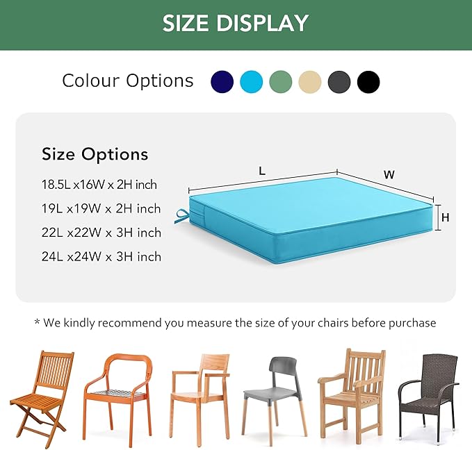 Outdoor Chair Cushions Set of 6: Waterproof & Fade Resistant Seat Cushion for Patio Furniture - 18.5 x 16 x 2 Inch Chair Pads with Ties and Hidden Zipper - Patio Chair Cushion Replacement, Teal