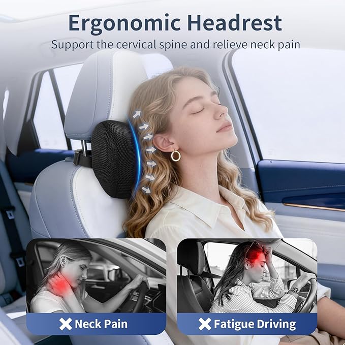 Car Neck Pillow, Memory Foam Headrest Pillow for Driving with Adjustable Strap, Soft Breathable Removable Mesh Cover, Ergonomic Design for Office Chair and Driving, Black