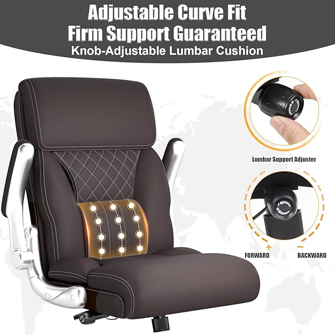 Ergonomic Leather Office Chair with Adjustable Lumbar Support, Flip-Up Armrests Desk Computer Chair, Swivel PC Chair with Rocking Function