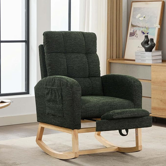 40" Fabric Nursing Rocking Chair, Nursery Chairs with Adjustable Foot Rest, High Backrest Upholstered Arm Chair with Side Pockets, Wood Rocking Chair for Living Room, Bedroom, Baby Room (Dark Green 1)