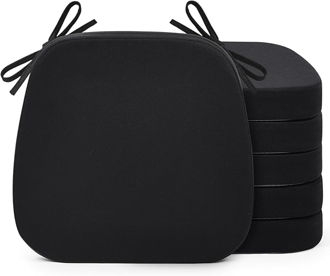 Shinnwa Chair Cushions for Dining Chairs 6 Pack, Non-Slip Kitchen Chair Cushions with Detachable Straps and Machine Washable Cover, Set of 6, 17x16x2in, Black