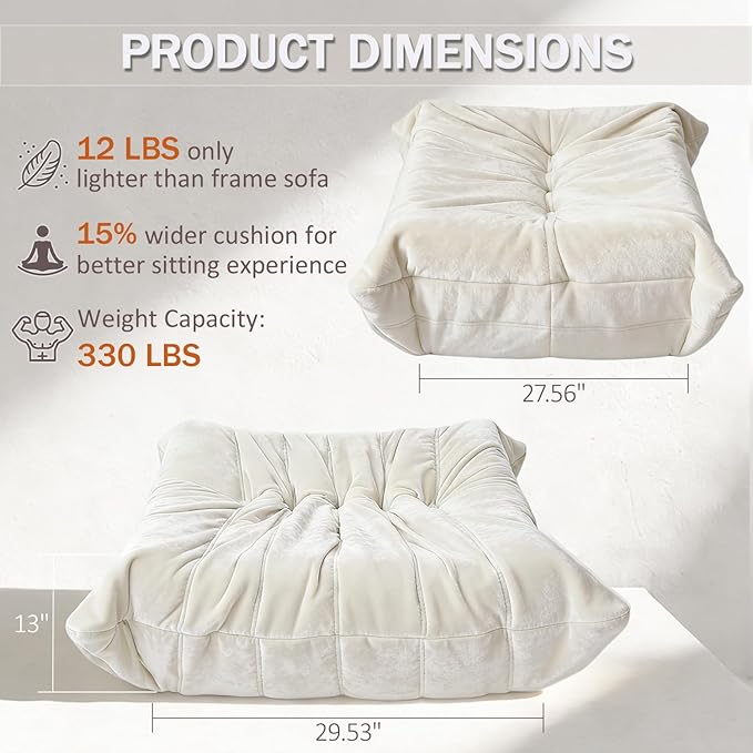 Extra Large 29.5"x27.5" Bean Bag Ottoman Fireside Chair, Memory Foam Foot Rest, Soft Corner Lazy Sofa for Living Room, Bedroom, Dorm & Apartment, Comfy Seat for Adults, Teens, Kids (Beige)