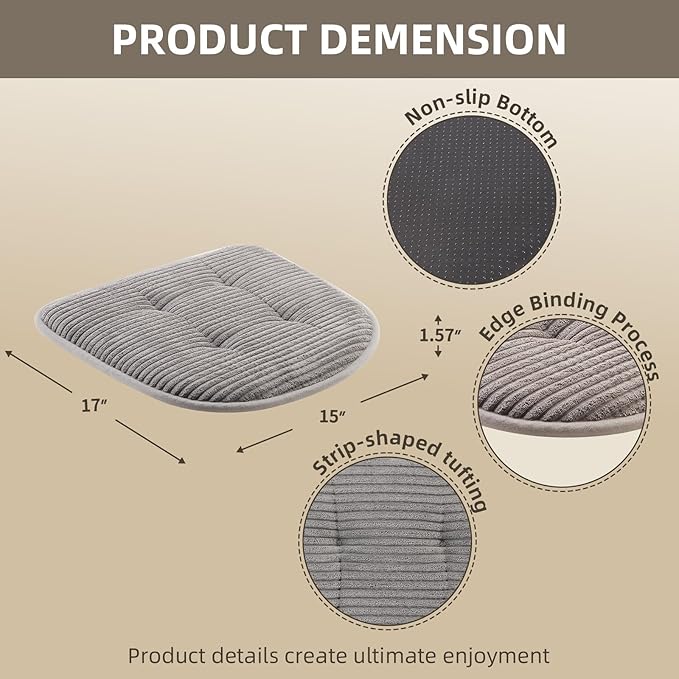 Memory Foam Chair Cushion, U-Shape 17" x 15" Tufted Non-Slip Back Seat Cushion for Dinning Room, Office, Kitchen, 2 Counts, Grey