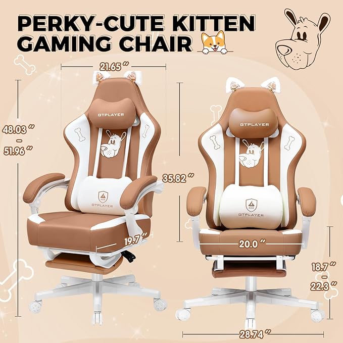 Gaming Chair Cute with Cat Ears Ergonomic Computer Chair with Dog Embroidery Adjustable Memory Foam Lumbar Support and Headrest Comfortable Reclining Office Chair for Girls, Teens, Women