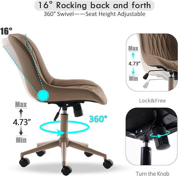 YOUNIKE Faux Leather Ergonomic Office Chair Armless Comfy Desk Chair with Rocking Back Cute Swivel Vanity Chair with Wheels Height Adjustable Small Computer Task Chair for Sewing Drafting Khaki
