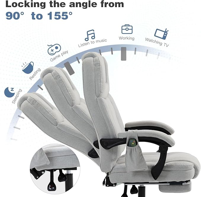 ECOTOUGE Massage Office Chair with Footrest, Ergonomic Adjustable Reclining Executive Heated Office Chair w/ 6 Vibration Points & Heat for Home Office, Light Grey