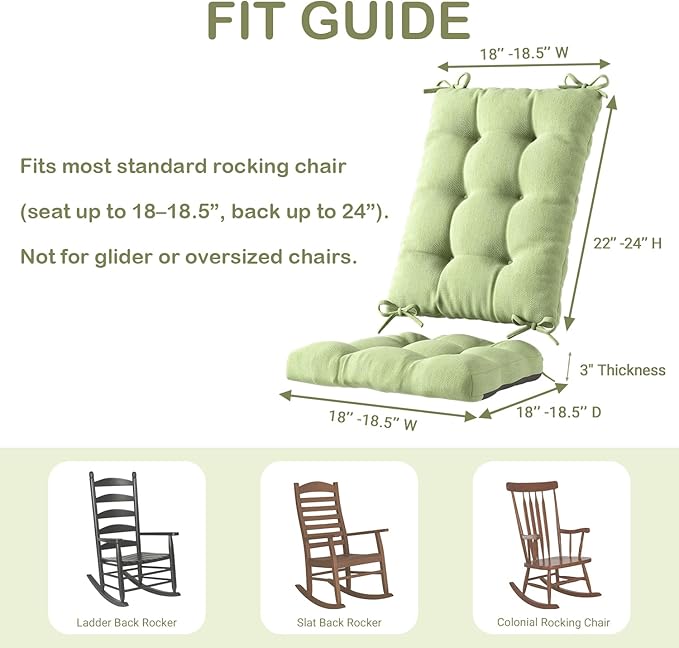 Codi Rocking Chair Cushions Outdoor, Water Resistant Rocker Chairs Replacement Cushion Set for Patio Porch Garden - Fits Most Standard Rockers, Sage 1PK