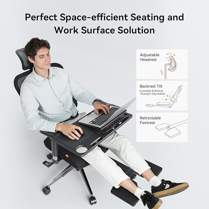 Newtral Ergonomic Office Chair - Home Office Desk Chair with Auto-Following Lumbar Support, 4D Armrest, Seat Depth and Height Adjustable (Black, Footrest + Laptop Tray)
