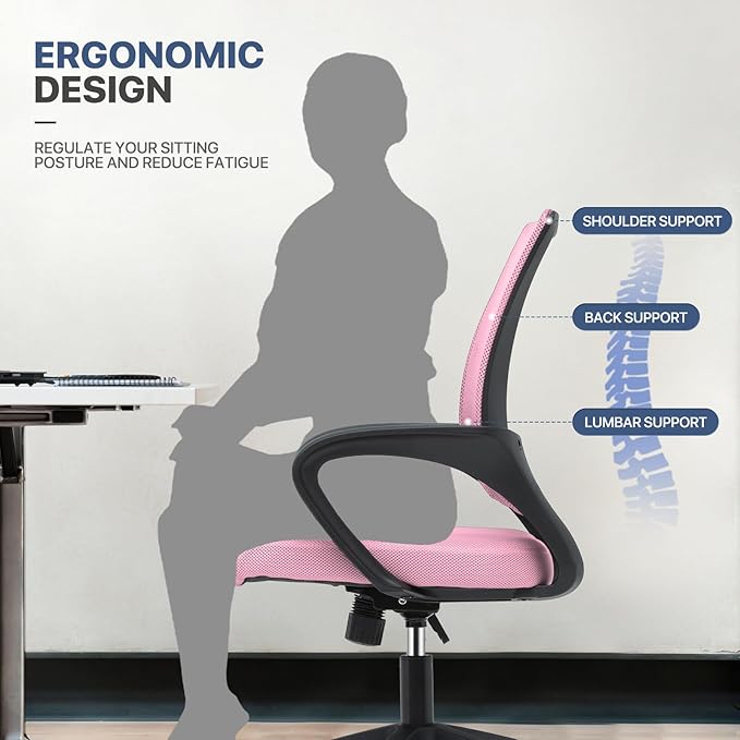 MoNiBloom Mesh Office Chair Set of 2, Ergonomic Computer Chair for Adults, Rolling Swivel Mid-Back Desk Chair with Lumbar Support, Comfy Armrest for Home Office, Gaming, Pink