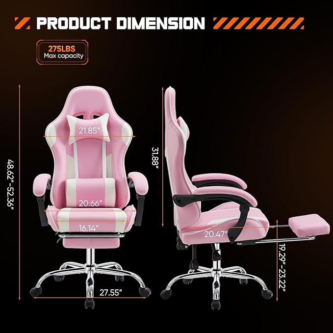DUMOS Gaming Office Desk Chair with Footrest and Headrest for Adults, PU Leather Ergonomic Video Computer Chair with Linkage Armrests, Height Adjustable 360° Swivel Recling Chair, New Pink