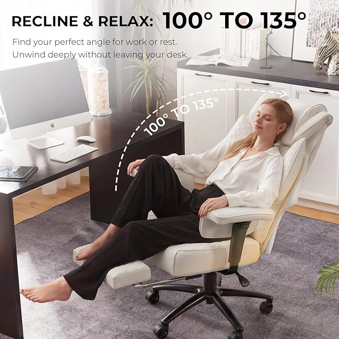Dowinx Big and Tall Office Chair with Massage Lumbar Support,Executive Office Chair with Wide Thick Seat Cushion and Adjustable Armrest,Computer Gaming Chairs with Footrest (PU-White)