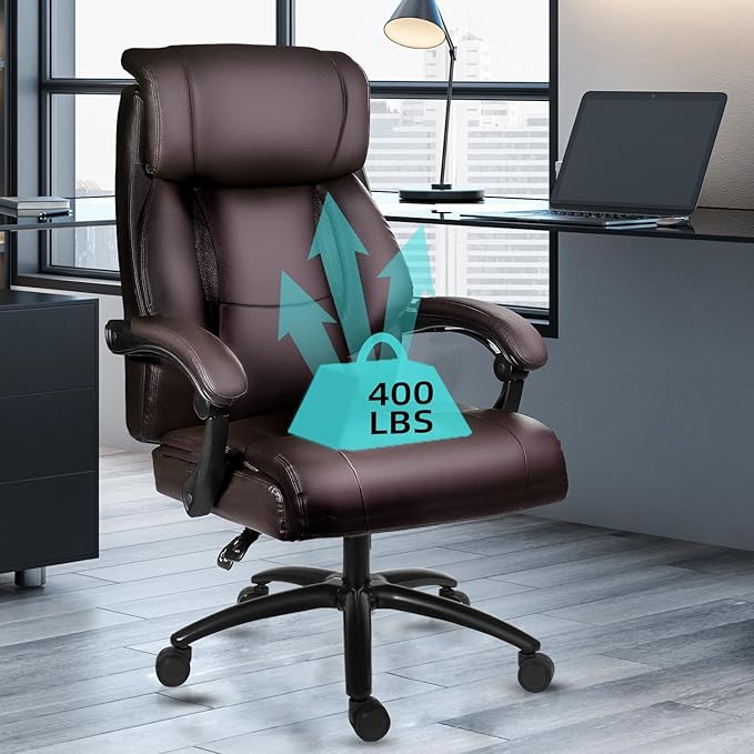 Ollega Reclining Office Chair, Executive Big and Tall Office Chair with Wide Seat, Recliner Leather High Back Computer Desk Chairs (Brown)