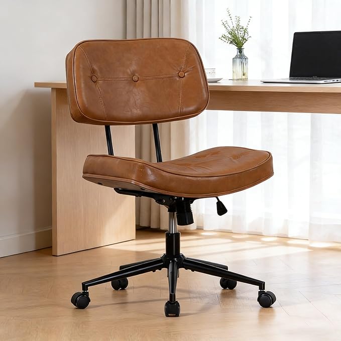 Walnut Armless Modern Office Desk Chair with Wheels, PU Leather Adjustable Height Swivel Rolling Task Chair, Ergonomic Criss Cross Legged Computer Chair (Brown)