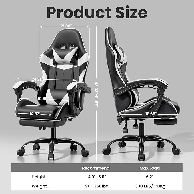 Gaming Chair, Ergonomic Computer Chair with Footrest and Lumbar Support, Height Adjustable Office Chair with 360° Swivel Seat and Headrest (Black & White)