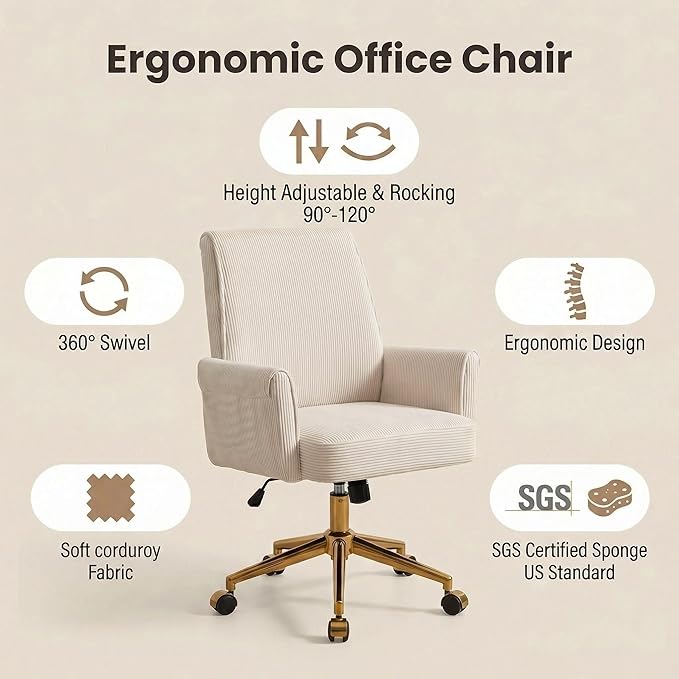 Stripes Velvet Home Office Desk Chair, Accent Upholstered Modern Height Adjustable Swivel Chair with Wheels,Ergonomic Task Chair for Living Room,Bedroom,Vanity,Study,Office（Cream）