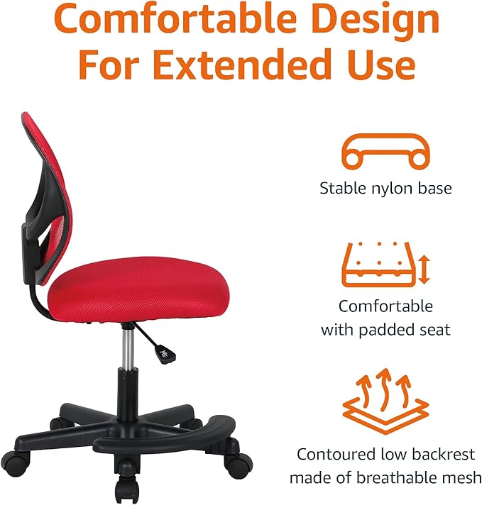 Amazon Basics Kids Adjustable Height Mesh Low-Back Swivel Desk Chair with Footrest, Rolling Computer Task Study Chair, Breathable, Red