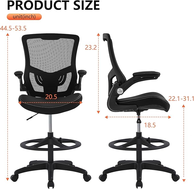 BestOffice Drafting Chair Ergonomic Tall Office Chair Standing Desk Chair with Flip Up Arms Foot Rest Back Support Adjustable Height Mesh Drafting Stool, Dark Black
