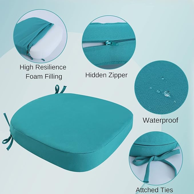 idee-home Outdoor Chair Cushions Set of 2, 17" x 17" Thick D-Shaped Patio Furniture Outdoor Seat Cushions Waterproof with Ties, Dining Pads