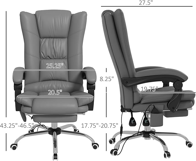 Vinsetto Executive Massage Office Chair with 4 Vibration and Heat, 3 Modes, PU Leather Swivel Chair with Adjustable Height, Reclining Back, and Footrest, Gray