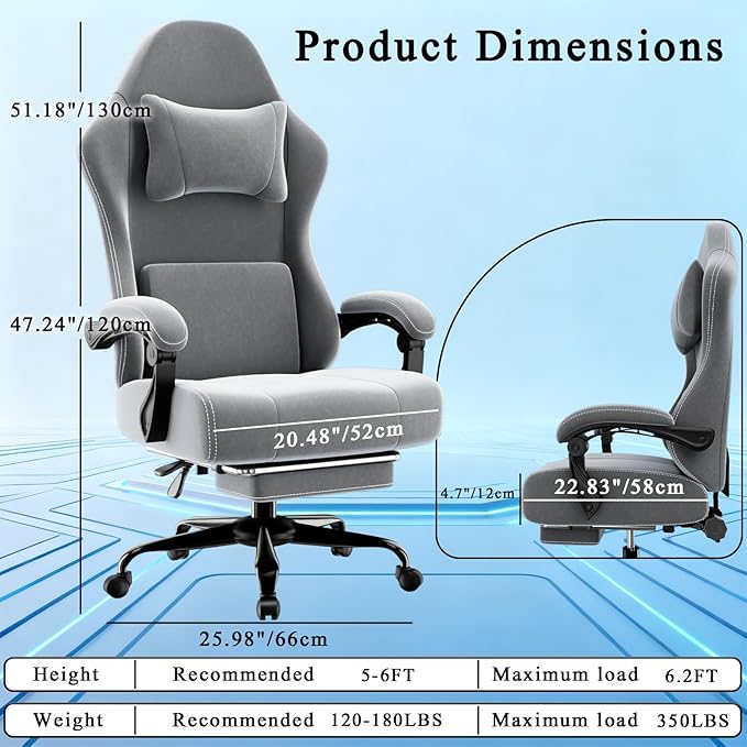 Massage Gaming Chair, Ergonomic Video Game Chair with Lumbar Support and Footrest, Height Adjustable Fabric Computer Chair with Pocket Spring Cushion (Gray)