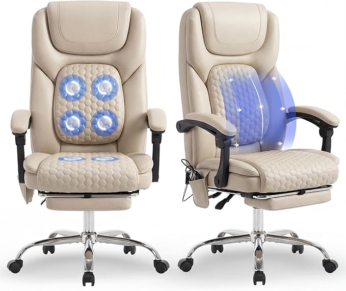 MALOL Massage Office Chair Set of 2 with Heat and Footrest - 3-Level 65°C Targeted Heating, 20-Min Assembly Leather Desk Chair, Big and Tall Executive Computer Chair with Side Pocket, 300 lbs, Beige
