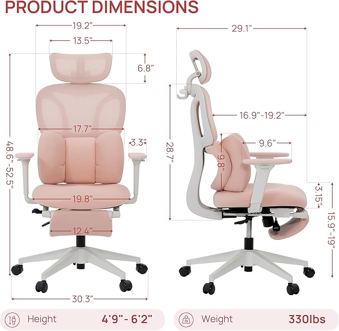 CabLady S1 Petite Ergonomic Home Desk Chair with Footrest and Headrest, High Back Fixed Lumbar Support with Detachable Pillow, Reclining Cute Office Chair for Women & Girls, 300 LBS Capacity
