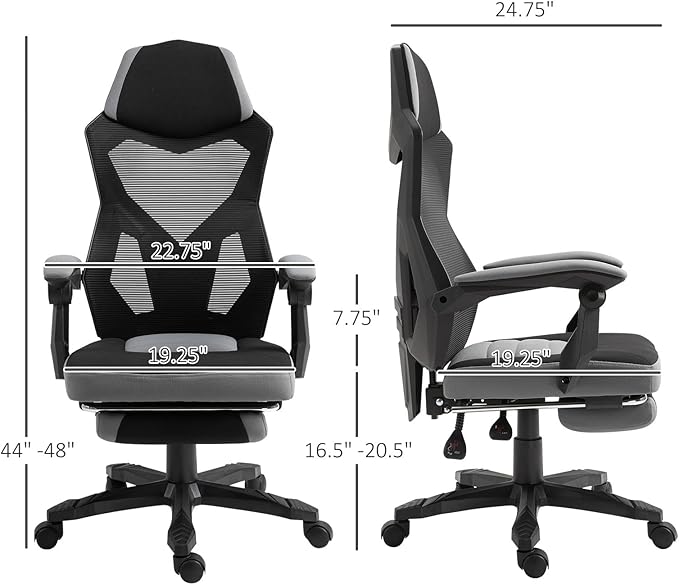 Vinsetto Ergonomic Home Office Chair High Back Armchair Computer Desk Recliner with Footrest, Mesh Back, Lumbar Support and Wheels, Grey