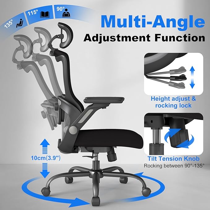 Ergonomic Office Chair, High Back Home Desk Chair with Adjustable Lumbar Support, Flip-Up Arms, Headrest, 90-135° Tilt Lock, Wide Big and Tall Mesh Computer Seating with Wheels